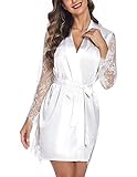 Avidlove Satin Kimono Robes for Women Sexy Silk Nightgowns Lace Sleeve Babydoll Lingerie Set (Medium, White22)