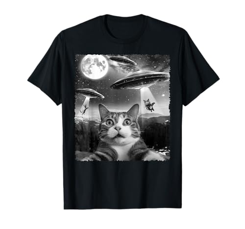 Funny Scared Cat Selfie with Alien UFOs Gift Men Women Kids T-Shirt