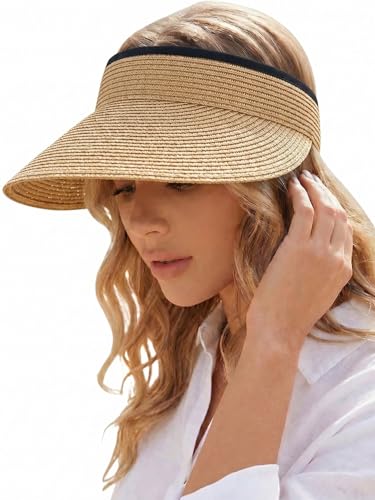 AlturaGo Womens Straw Sun Visor Hat - UPF 50+ Protection 4.7in Wide Brim Ponytail-Friendly Open Top Foldable & Packable for Travel Adjustable Fit - Beach Summer Essential Khaki
