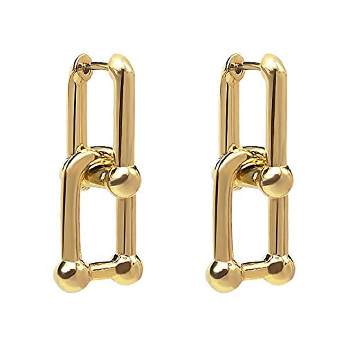 Gold Plated U Shaped Pin Hoop Earring Chunky Circle Drop Earrings - Link Chain Paperclip Dangle Jewelry for Women & Girls