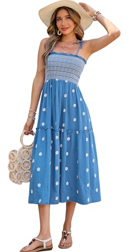 Image of R.Vivimos Womens Summer Cotton Boho Midi Dress 2026 Spaghetti Strap Floral Embroidered Smocked Tiered Flowy Long Dresses