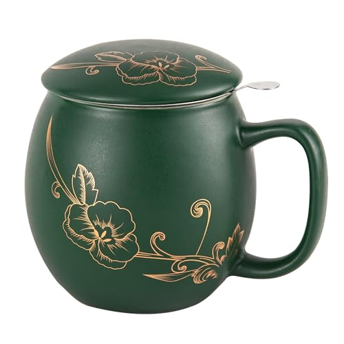 Yundu Tasse en céramique de 360 ml avec couvercle et passoire en acier inoxydable – Design vert mat avec fleur dorée – Infuseur à thé en acier...