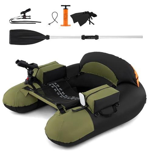 HOMASIS Schlauchboot, aufblasbares Angelboot mit Pumpe, Alu-Paddel & Flossen, Fischerboot mit Verstellbarer Angelrutenhalter & Fischhakenstator, Belly Boat 150 kg belastbar, 111x104x46cm (Grün)