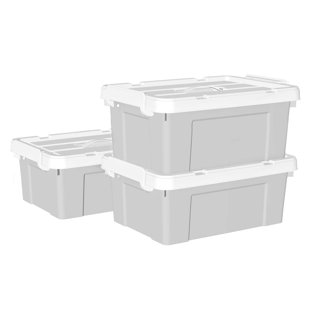 Cetomo 20L*3 Storage Box with Handle, Plastic Box with Lid and Secure Lock, Storage Container, Durable, Stackable, Heavy Duty, Grey, 3 Pack of 20L