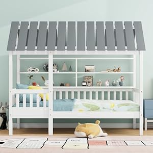 Twinsizewoodhousebedwithguardrailand2tierstorageshelvesplayhousedesigntentbedplatformbedframeswithroofforkidsteensgirlsboyssturdyslatssupport  Urban Country Home Decor Twin size wood house bed with guardrail and 2 tier storage shelves playhouse design tent bed platform bed frames with roof for kids teens girls boys sturdy slats support  urban country home decor