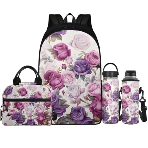 Flashideas Purple Rose School Backpack Set of 4 with Lunch Bag Insulated Water Bottle Water Bottle Holder with Strap School Backpack Set for Girls 10-12 Gift for Girls Boys