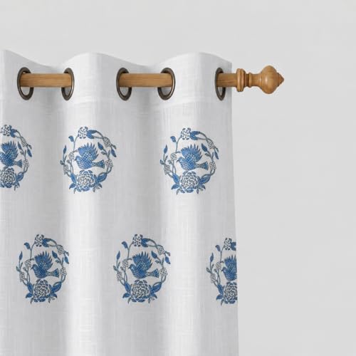 Image of LINENWALAS Decorative Cotton Linen Sheer Curtains 9 Feet for Long Door -Block Printed Door Curtain | Grommet Hanging Style Pack of 2 Panels |Light Filtering Sheer Drapes (Blue Crown Bird)