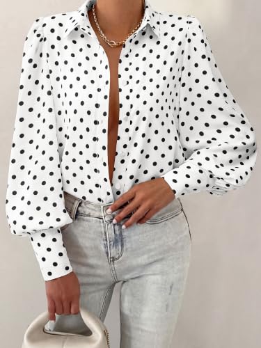 BTFBM Summer Blouses for Women Dressy Casual 2026 Long Sleeve Button Down Shirt V Neck Boho Spring Tops Fashion Clothing(Polka Dot White, Medium) — view 3
