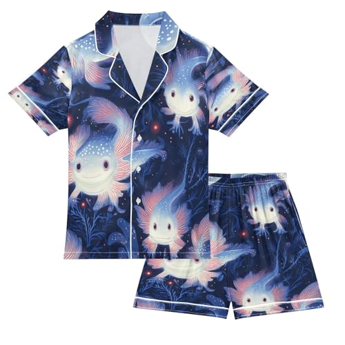 Satin Pajama Sets Short Sleeve Axolotl in Darkness Button Down Silky Nightwear 2 Piece PJS 5-14Y