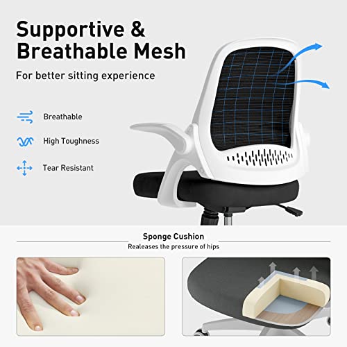 Hbada Home Office Desk Chair With Flip Up Arm, Breathable Mesh Back Lumbar Support Task Chair, Ergonomic Office Chair With Adjustable Height & Pu Wheels, Swivel Computer Desk Chair, White #TOP4