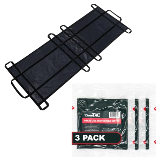 Image of MediTac Emergency Patient Transport Litter, Latex-Free Evacuation Sling with 10 Reinforced Handles, Durable Non-Woven Fabric, 750 lb Capacity, Compact Vacuum-Packed Design, Black, 3-Pack