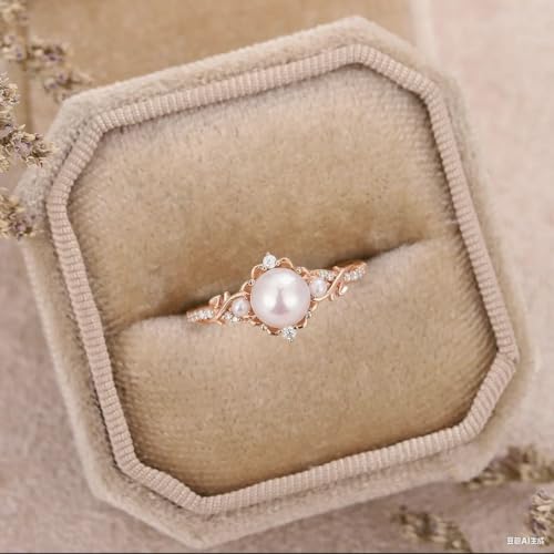 Natural White Pearl Engagement Ring for Women Sterling Silver - Pearl Rings for Women Gold 10K 14K 18K Engagement Birthday Anniversary Jewelry Gifts for Mom Women (AAA Quality)3