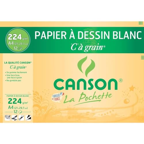 CANSON "C" à Grain - Pochette 12 feuilles de papier dessin blanc A4 - 224g/m²