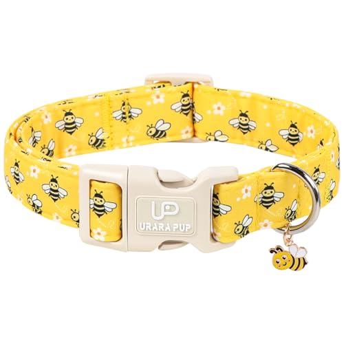 Image of Summer Bee Dog Collar, Cute Bee and Floral Pattern Cotton Adjustable Pet Collar with Durable Quick Release Buckle, Soft Lightweight for Small Medium Large Dogs
