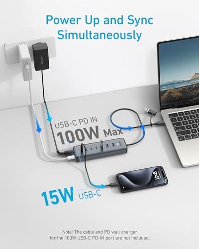 Image of Anker USB C Hub, 8-in-1 5Gbps Data Hub, USB Splitter with 3 USBA and 4 USBC Ports, 100W PD-in, 2-in-1 USB-Connector, for Laptop, MacBook, iPad and More (45W Adapter Included)