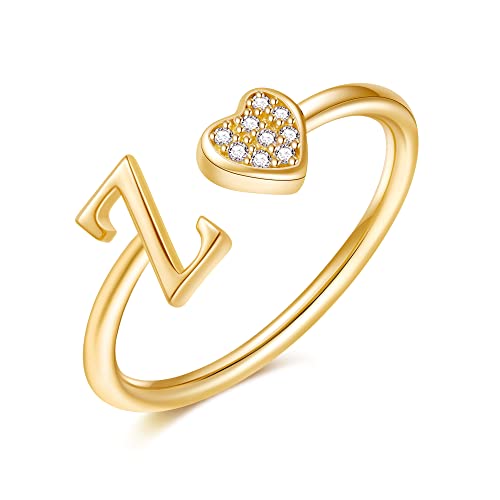 Image of Initial Rings for Teen Girls - S925 Heart Sterling Silver Rings for Teen Girls | 14K Gold /Rose Gold /Sterling Silver Plated Ring for Girls Kids Women Ring for Teenager Girls Gifts Adjustable, No Tarnish, Hypoallergenic