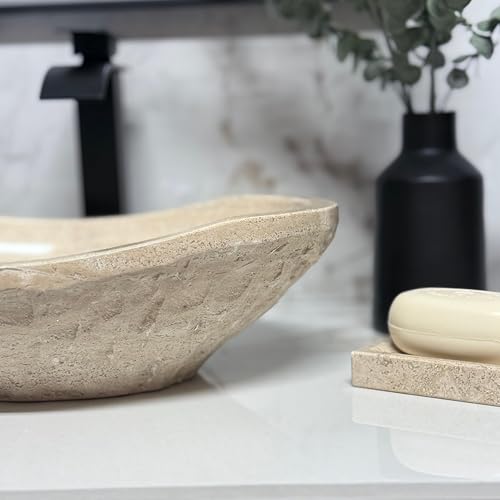 Natural Tan Travertine Vessel Sink – Modern Rustic Chiseled Oval Canoe Bathroom Sink – Hand-Carved Marble – Real Stone Basin