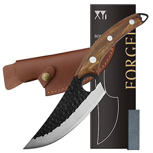 XYJ Stainless Steel Boning Knife 6 Inch Chef Fishing Knives Carry Leather Sheath Meat Cleaver Outdoor Cooking Cutter Butcher Knife For Kitchen Camping or BBQ