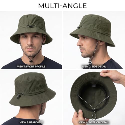 Image of Kraptick Adjustable Bucket Hat for Men - Wide Brim Sun Protection Safari Hat with Chin Strap for Outdoor, Fishing, Hiking, Trekking & Travel - Breathable Summer Boonie Cap