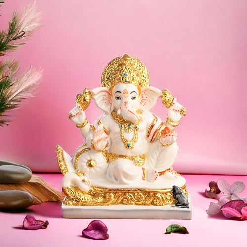 Image of Creating Ambiance Polyresin Marble Ganesh Idol, Vinayaka Statue | Auspicious Ganpati Murti For Living Room & Home Decor - Ganesh Idol For Diwali - Gold & White (6 Inches, Fantasy)