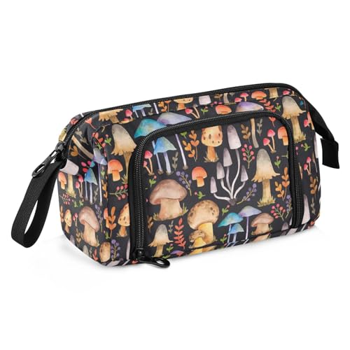 Image of Mushrooms Print Big Capacity Pencil Pen Case Large Pencil Pouch | Portable Multi Compartment Zipper Pencil Bags Stationery Storage for Men Women College Office
