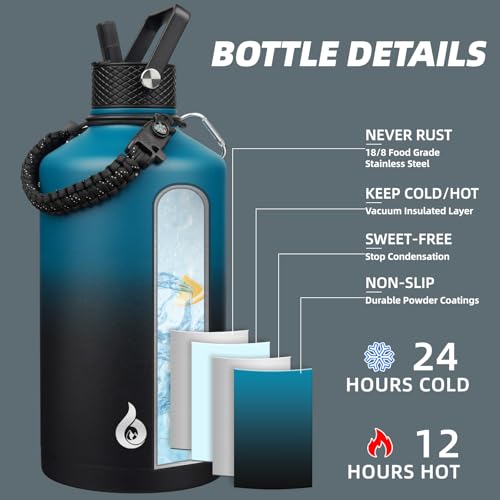 Image of BJPKPK 1 Gallon Water Bottle with Straw Lid, 128oz Large, Stainless Steel Water Bottles with 3 Lids and Paracord Strap, Double Wall Vacuum Metal Water Jug, Blue & Black