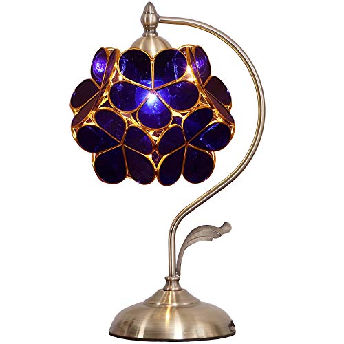 Bieye L30750 Lampe de table en vitrail style Tiffany avec pétales de fleurs et base en laiton pour la décoration intérieure (Bleu, Fleur de cerisier 8")