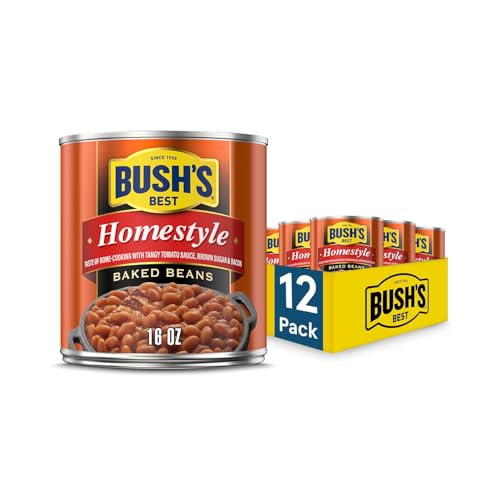BUSH'S BEST 16 oz Canned Homestyle Baked Beans, Source of Plant Based Protein and Fiber, Low Fat, Gluten Free, (Pack of 12)