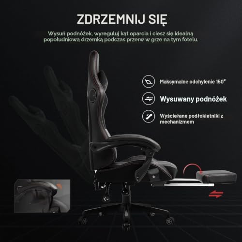 GTPLAYER Fotel gamingowy, fotel gamingowy, krzesło do biurka, krzesło gamingowe, krzesło wyścigowe z podnóżkiem, głośnik, muzyka, krzesło biurowe, obciążenie do 151 kg, rozmiar standardowy