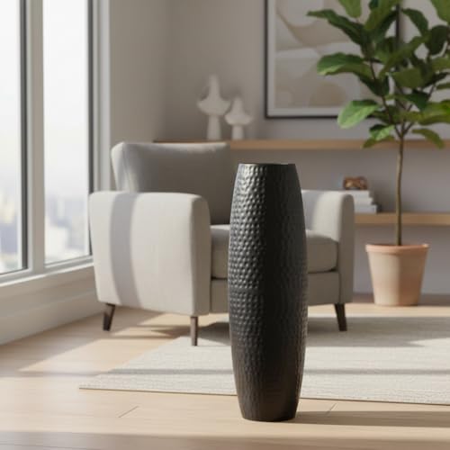 Image of RIZIK STORE Hammered Gold Metal Floor Flower Pot /Vase - 24.2 Inch Tall Round Decorative Vase for Living Room, Modern Minimalist for Dried Flowers, Antique Home Decor Accent (Black)