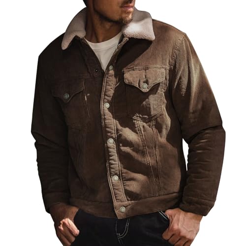 ZYXTIM Men's Corduroy Fleece Jacket Winter Sherpa Lined Denim Trucker Jacket Fur Collar Lapel Button Down Vintage Cowboy Coat3