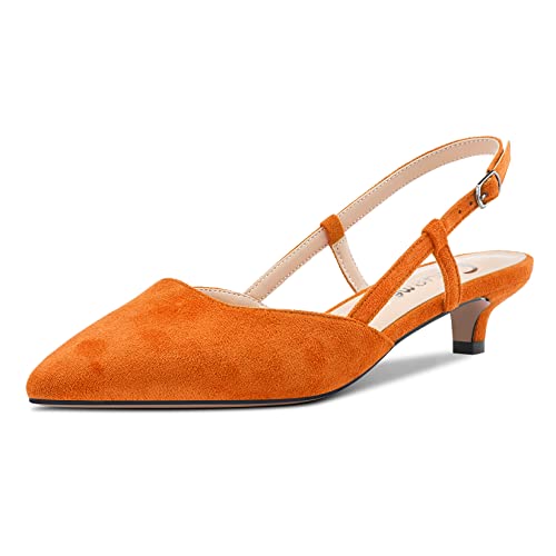 Castamere Femmes Kitten Bas Talon Heel Pointu Bout Escarpins Slingback Classique Dress Bureau Sandales Slip-on 3.5 CM Heels Orange Suède 41 EU