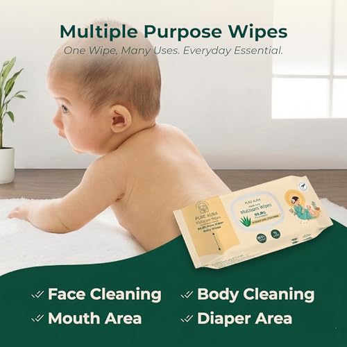 Image of Pure Aura Baby Wipes 72 Pulls - Doctor Recommended 99.9% Pure Water Wipes with Aloe Vera | Ultra Soft, Thick & Plant-Based | Gentle for Newborns & Sensitive Skin