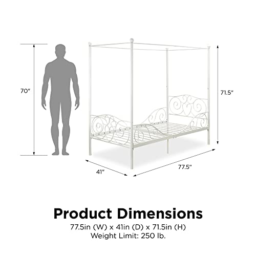 Dhp Metal Canopy Kids Platform Bed With Four Poster Design, Scrollwork Headboard And Footboard, Underbed Storage Space, No Box Sring Needed, Twin, White #TOP1