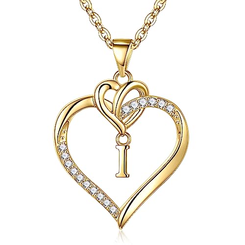 TINGN Collier Coeur Plaqué Or 14 Carats pour Femme - Pendentif Lettre I - Bijoux Cadeaux pour Adolescentes et Filles