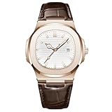 RORIOS Orologio Minimalista da Uomo Orologio da Polso Analogico Quarzo Orologio Calendario Luminosi Orologio Casual Acciaio Inossidabile Cinturino in Pelle Oro rosa Bianco