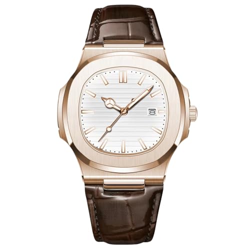 RORIOS Minimalist Wristwatch for Men Analogue Quartz Wrist Watch Date Calendar Luminous Watch Casual Stainless Steel Watch with Leather Strap Rosegold White