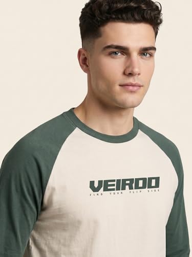 Image of Veirdo Pure Cotton Regular Fit Round Neck Front Chest Typographic Logo Printed Raglan Full Sleeve T-Shirt for Men (Colors: Green, Brown & Maroon)