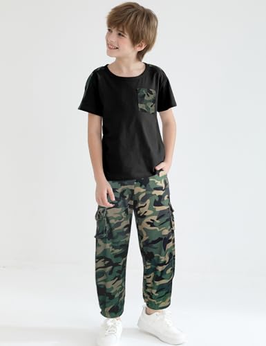 Image of mksodopy Boys Clothes Outfits Set, Camo Cargo Pants and Short Sleeve Pocket Tee 2PC Summer Tracksuit for Kids 5-16Y
