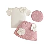 JENJON Kleinkind Baby Mädchen Outfits Ruffle Kurzarm Bowknot Top + Elegant Plaid Tweed Muster Rock Baskenmütze + Baskenmütze Sommer Kleidung Sets 3Pcs Rosa 12-18 Monate