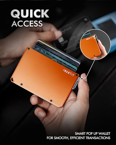 iwantit Pop Up Wallet for Men, Slim Minimalist Credit Card Holder with Money Clip - Man Metal Aluminum Wallet RFID Blocking, Smart Tactical Wallet for Men, Gift for Men (Orange)3