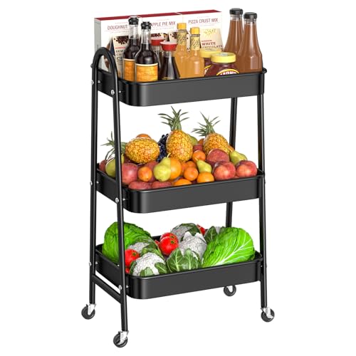 Homshsjhkis Chariot de Rangement à roulettes, Chariot roulettes 3 Niveaux en Métal, Desserte Cuisine Rangement Mobile Étagère avec Poignées, Chariot...