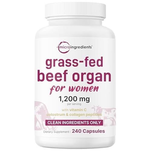 Micro Ingredients Grass‑Fed Beef Organ Supplement for Women – Bovine Beef Liver, Kidney, Heart & Uterus Tissue – 1,200 mg Organ Blend Plus Vitamin C, Colostrum & Collagen – 240 Capsules, No 