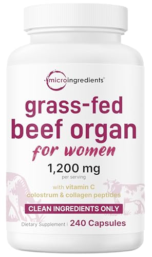 Micro Ingredients GrassFed Beef Organ Supplement for Women Bovine Beef Liver Kidney Heart & Uterus Tissue 1 200 mg Organ Blend Plus Vitamin C Colostrum & Collagen 240 Capsules No Fillers