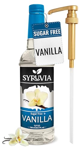 Syruvia Sugar Free Vanilla Syrup With Syrup Pump Dispenser – Vanilla Coffee Syrup Flavor, 25.4 fl oz, Kosher, Gluten Free, Perfect for Coffee, Drinks, Soda, Desserts, and More