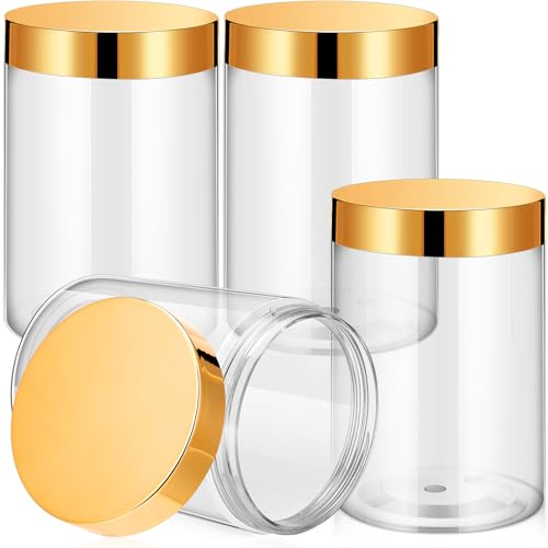 Image of Patelai 4 Pcs Plastic Jars Wide Mouth with Lids,10 Ounce,Gold | Travel Size for Creams Oils, Clear Round Storage Cosmetics Containers, Leak Proof Screw on Lids for Makeup Beauty DIY
