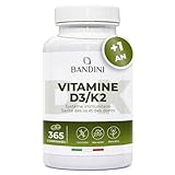 Bandini® Vitamine D3 K2 (MK7) Extra Fort 365 Comprimés (1 An) | 2000 UI Cholécalciférol + 200 mcg Ménaquinone | Pour les Os, les Muscles, le Système Immunitaire, les Dents | Vitamines D3+K2 MK-7