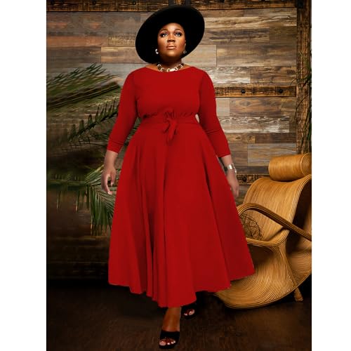 Image of BFFBABY Women's Wrap V Neck Plus Size Maxi Dresses 3 /4 Sleeves Chain Floral Printed Swing Dress with Belt