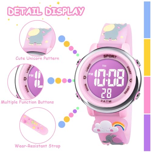 Vicloon Kids Watch, Toddler Digital Watch, Digital Watch LED Electrical Watches 7 Color Lights Watch Sport Outdoor with Alarm Stopwatch Unicorn Toys Gift for 6-12 Year Girls Children Wristwatch3
