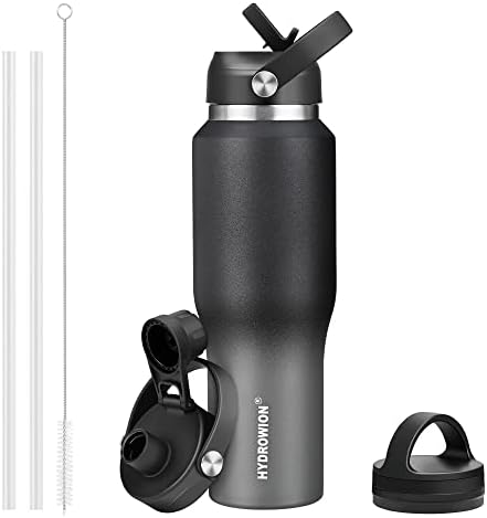 HYDROWION 32oz Water Bottle, Double Wall Vacuum Stainless Steel Insulated Water Flask with Straw Lid, Spout Lid and Flex Cap(Cold for 48 Hrs, Hot for 24 Hrs), Leakproof Travel Thermo Mug, Black&Grey